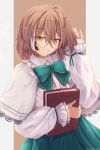  1girl ahoge bespectacled book brown_eyes brown_hair capelet dress_shirt frilled_sleeves frills glasses green_ribbon green_skirt grin highres holding holding_book hololive hololive_english leonardo_566 long_sleeves looking_at_viewer multicolored_hair nanashi_mumei official_alternate_costume official_alternate_hairstyle pleated_skirt ribbon round_eyewear shirt skirt smile streaked_hair virtual_youtuber white_capelet white_shirt 