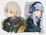  2girls agent_416_(girls&#039;_frontline) agent_vector_(girls&#039;_frontline) back-to-back blush chesed_(uporyz) commentary_request expressionless facial_mark girls_frontline green_eyes grey_background grey_hair hair_ornament headset highres hk416_(girls&#039;_frontline) jacket light_brown_hair long_hair mask mask_around_neck multiple_girls ponytail sidelocks simple_background tom_clancy&#039;s_the_division upper_body vector_(girls&#039;_frontline) yellow_eyes 