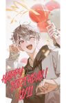 1boy absurdres antenna_hair black_hair blinking blurry confetti cream cream_on_face crossed_bangs depth_of_field ear_piercing earrings food food_on_face grin happy_birthday highres idolish7 jewelry long_sleeves looking_at_viewer male_focus momo_(idolish7) multicolored_hair one_eye_closed open_mouth out_of_frame piercing pink_nails pov pov_hands red_eyes ring smile stud_earrings two-tone_hair upper_body v yanu_0000 