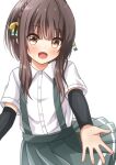  1girl arm_warmers asashio_(kancolle) asashio_(kancolle)_(cosplay) blush brown_eyes brown_hair comiching cosplay green_skirt kantai_collection looking_at_viewer open_mouth pleated_skirt school_uniform shirt short_hair_with_long_locks short_sleeves simple_background skirt smile solo suspender_skirt suspenders ukuru_(kancolle) white_background white_shirt 