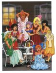  1980s_(style) 6+girls arm_up arms_around_waist arms_up balancing_on_head bare_shoulders black_eyes black_hair blonde_hair blue_dress blue_eyes bow copyright_name cup dress drinking_glass elbow_gloves elle_vianno elpeo_puru fa_yuiry gloves green_dress green_eyes gundam gundam_zz hair_bow hat high_heels highres holding holding_cup hug leina_ashta long_hair looking_at_viewer multiple_girls non-web_source official_art on_chair one_eye_closed open_mouth orange_hair party_popper pink_dress purple_hair puru_two red_dress red_gloves retro_artstyle roux_louka sandals sayla_mass scan shoe_dangle short_hair short_sleeves sitting sleeveless sleeveless_dress smile standing strapless strapless_dress table teeth upper_teeth_only wariza wine_glass yellow_dress 