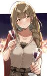  1girl ahoge blurry blurry_background blush braid breasts brown_eyes brown_hair cape cityscape collarbone cup dot_nose drinking_glass earrings floral_print grey_shirt grey_skirt hair_ornament hair_over_shoulder heart heart_earrings highres holding idolmaster idolmaster_shiny_colors jewelry kuwayama_chiyuki large_breasts long_hair looking_at_viewer necklace night red_cape red_wine shirt simple_background single_braid skirt smile solo star_(sky) wanimaru wine_glass 