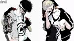  2boys artist_request black_hair blonde_hair blood blood_on_face character_request copyright_request earrings hair_over_eyes jacket jewelry multiple_boys muzzle nail_polish non-web_source open_clothes open_jacket shirt short_hair source_request sweater t-shirt white_background 