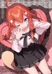  1girl ;p bison_cangshu black_bow black_skirt blue_eyes bow braid breasts closed_mouth frilled_pillow frills go-toubun_no_hanayome hair_between_eyes hair_ornament hair_over_shoulder hand_up heart heart_pillow highres long_hair long_sleeves looking_at_viewer low_twintails medium_breasts nakano_itsuki one_eye_closed pillow plaid plaid_background pleated_skirt puffy_long_sleeves puffy_sleeves redhead ribbon-trimmed_sleeves ribbon_trim shirt skirt smile solo star_(symbol) star_hair_ornament striped striped_background tongue tongue_out twin_braids twintails v-shaped_eyebrows vertical_stripes white_shirt 