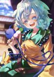  1girl :d absurdres blue_eyes blue_sky blurry blurry_background calpis118 clouds commentary_request dango food green_hair green_skirt highres holding holding_food komeiji_koishi long_sleeves looking_at_viewer open_mouth outdoors sanshoku_dango shirt short_hair skirt sky smile solo teeth third_eye touhou upper_teeth_only wagashi yellow_shirt 