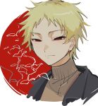  1boy atou_haruki black_jacket blonde_hair brown_sweater closed_mouth edoupaoxiao jacket looking_at_viewer male_focus narrowed_eyes open_clothes open_jacket portrait red_eyes saibou_shinkyoku short_hair sketch solo sweater turtleneck turtleneck_sweater 