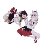  2girls absurdres anger_vein animal_ears black_hair black_skirt cheek_pull detached_sleeves floating fox_ears fox_tail hand_on_another&#039;s_cheek hand_on_another&#039;s_face highres inubashiri_momiji long_sleeves multiple_girls pen_in_pocket pom_pom_(clothes) red_eyes red_footwear red_headwear shameimaru_aya shirt short_hair short_sleeves skirt socks tail tengu touhou vousser white_background white_hair white_shirt white_socks 