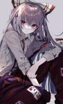  1girl bow closed_mouth collared_shirt commentary elbow_on_knee expressionless fujiwara_no_mokou grey_background grey_hair grey_shirt hair_bow highres knee_up krs_(kqrqsi) long_hair long_sleeves looking_at_viewer ofuda ofuda_on_clothes pants red_bow red_eyes red_pants shirt simple_background sitting solo suspenders touhou very_long_hair white_bow 