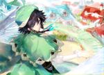  1boy black_hair blue_hair blurry blurry_background braid capelet chinese_commentary commentary_request flameaqua frilled_sleeves frills genshin_impact gradient_hair green_capelet green_eyes green_headwear hat highres house long_sleeves looking_at_viewer looking_back male_focus multicolored_hair piano_keys shirt solo twin_braids upper_body venti_(genshin_impact) white_shirt 