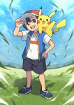  1boy :d absurdres ash_ketchum black_hair brown_eyes clouds commentary_request day falling_leaves grass hand_on_headwear hand_on_hip hand_up hat highres leaf male_focus nakachiruno open_mouth outdoors pikachu pokemon pokemon_(anime) pokemon_(creature) pokemon_journeys red_headwear shirt shoes short_hair short_sleeves shorts sky smile standing t-shirt teeth tongue upper_teeth_only white_shirt 