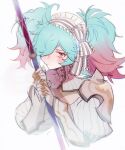  1girl blue_hair commentary_request elley226 fire_emblem fire_emblem_fates highres holding holding_polearm holding_weapon looking_at_viewer multicolored_hair peri_(fire_emblem) pink_hair polearm red_eyes short_twintails solo turtleneck twintails two-tone_hair upper_body weapon 