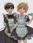  2boys alternate_costume apron basil_(omori) black_eyes black_hair blonde_hair blue_eyes blush bright_pupils closed_mouth collarbone crossdressing enmaided flower hair_flower hair_ornament highres holding holding_tray long_sleeves looking_at_viewer maid maid_apron maid_headdress multiple_boys omori open_mouth puffy_long_sleeves puffy_short_sleeves puffy_sleeves rose_(big_roseee) short_sleeves smile sunny_(omori) tray white_pupils wrist_cuffs 