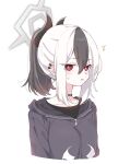  1girl ^^^ black_hair black_hoodie black_shirt blue_archive blush collarbone commentary_request ear_piercing halo highres hood hood_down hoodie horns kayoko_(blue_archive) looking_at_viewer matsuda_hikari multicolored_hair parted_lips piercing ponytail red_eyes shirt simple_background solo sweat two-tone_hair upper_body white_background white_hair 