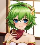  1girl :d absurdres bare_shoulders blue_eyes blush box candy chocolate collarbone dinjo english_commentary fire_emblem fire_emblem:_the_blazing_blade fire_emblem_heroes food gift green_hair hairband heart heart-shaped_box heart-shaped_chocolate highres holding holding_chocolate holding_food indoors nino_(fire_emblem) short_hair smile solo valentine 