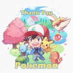  1boy :d arm_up artist_name ash_ketchum baseball_cap belt black_shirt blue_jacket blue_pants blue_sky brown_belt brown_eyes brown_hair bulbasaur character_request charmander cherry_blossoms chibi clouds commentary copyright_name day english_commentary falling_petals fence fingerless_gloves gloves grass green_gloves hat holding holding_poke_ball house jacket looking_at_viewer magikarp open_clothes open_jacket open_mouth pants petals pidgeot pikachu poke_ball poke_ball_(basic) pokemon pokemon_(anime) pokemon_(creature) rainbow red_footwear red_headwear shirt shoes short_hair short_sleeves simple_background sky smile squirtle starter_pokemon_trio teeth thank_you tree upper_teeth_only water watermark white_background white_headwear white_jacket zoe_(killyou80) 