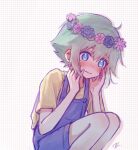  1boy basil_(omori) blue_overalls blush closed_mouth green_eyes green_hair hands_on_own_cheeks hands_on_own_face head_wreath highres looking_away omori overall_shorts overalls rofekinoko shirt short_hair short_sleeves solo squatting yellow_shirt 