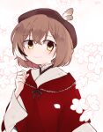  1girl ahoge beret braid braided_bangs brown_eyes brown_hair cherry_blossoms fingernails floral_print gyaheung hat hololive hololive_english japanese_clothes kimono multicolored_hair nanashi_mumei official_alternate_costume print_kimono red_shawl ribbon shawl short_hair simple_background smile streaked_hair virtual_youtuber white_kimono wide_sleeves 
