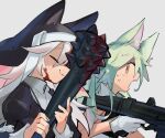  2girls :3 animal_ear_headwear animal_ears art556_(girls&#039;_frontline) assault_rifle black_dress blood blood_on_face blood_on_weapon blush chesed_(uporyz) closed_eyes club_(weapon) commentary_request dress from_side girls_frontline gloves green_hair grey_background gun highres holding holding_gun holding_weapon juliet_sleeves long_hair long_sleeves multiple_girls nun open_mouth orange_eyes p7_(girls&#039;_frontline) profile puffy_sleeves rifle simple_background spiked_club sweat taurus_art556 upper_body weapon white_gloves 