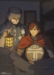  2boys armor brown_hair cape character_request dragon&#039;s_dogma facial_hair fantasy helmet lantern male_focus meganemido multiple_boys pawn_(dragon&#039;s_dogma) scroll stubble upper_body 