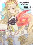  1girl blonde_hair book breasts butterfly_hair_ornament celine_(fire_emblem) character_name crown dlsk_cl23 dress falling_petals fire_emblem fire_emblem_engage green_eyes hair_ornament highres holding holding_book long_hair looking_at_viewer magic open_book open_mouth petals small_breasts solo very_long_hair 