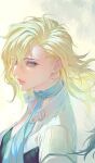  1girl black_bra blonde_hair blue_eyes blue_scarf bra collarbone floating_hair highres hiroko jacket light long_hair looking_to_the_side mole mole_under_eye o_c_x parted_lips portrait scarf shin_megami_tensei shin_megami_tensei_ii shoulder_pads simple_background solo underwear white_background white_jacket 
