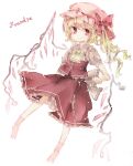  1girl ascot back_bow blonde_hair bow character_name closed_mouth collared_shirt commentary_request flandre_scarlet frilled_ascot frilled_shirt_collar frills hat hat_ribbon highres light_smile long_hair looking_at_viewer mob_cap no_shoes one_side_up pink_headwear puffy_short_sleeves puffy_sleeves red_eyes red_ribbon red_skirt red_vest ribbon sato_imo shirt short_sleeves simple_background skirt skirt_set socks solo touhou vest white_background white_bow white_shirt wings yellow_ascot 