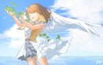 1girl angel_wings bare_arms blue_sky brown_hair buttons closed_eyes clouds cloudy_sky clover collared_shirt colored_inner_hair commentary_request cowboy_shot cupping_hands day facing_viewer feathered_wings floating_hair grey_skirt hair_ornament hanasato_minori hands_up happy heart heart_hair_ornament highres horizon laughing light_blush light_particles medium_hair multicolored_hair open_mouth orange_vest outdoors own_hands_together plaid plaid_skirt pleated_skirt project_sekai qunqingyue shirt skirt sky solo sunlight swept_bangs teeth two-tone_vest upper_teeth_only vest waist_cape water white_shirt white_vest white_wings wing_collar wing_hair_ornament wings 