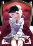  1girl absurdres black_headwear blue_shirt chair closed_mouth commentary_request flat_cap foul_detective_satori hat heart highres komeiji_satori long_sleeves looking_at_viewer pink_hair pink_skirt polyhedron2 red_eyes shirt short_hair sitting skirt solo third_eye touhou 