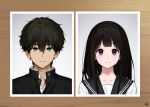  1boy 1girl artist_logo black_hair blush brown_hair chitanda_eru green_eyes hyouka kamiyama_high_school_uniform_(hyouka) long_hair long_sleeves looking_at_viewer mery_(yangmalgage) oreki_houtarou picture_(object) sailor_collar school_uniform serafuku shirt short_hair smile violet_eyes white_shirt 