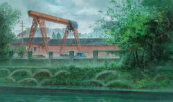  absurdres building bush chinese_commentary commentary_request crane_(machine) day feitu233 fence grey_sky highres iron_fence motor_vehicle no_humans original outdoors overcast plant rain scenery sky tree truck variant_set 