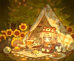  1girl :o absurdres baguette bai_yang_zi bear bear_hat bird black_pants blonde_hair blue_eyes blush_stickers boots bread brown_hat chibi chibi_only croissant flower food forest hat highres holding holding_food jar nature night open_mouth original outdoors pants sample_watermark short_hair sitting socks solo sunflower table tent unworn_boots watermark yellow_socks 