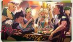  2girls 4boys alcohol aleph_(megami_tensei) anniversary bandages beer beer_mug beth_(shin_megami_tensei_ii) black_bodysuit black_hair blonde_hair blue_hairband blurry blurry_background blush bodysuit brass_knuckles chicken_leg closed_eyes copyright_name cup daleth_(shin_megami_tensei_ii) drinking_glass drunk fingerless_gloves food gimmel gloves green_scarf hairband hand_up hime_cut hiroko holding holding_food holding_skewer holster holstered_weapon jacket laurel_crown long_hair looking_at_another meat mole mole_under_eye mug multiple_boys multiple_girls muscular muscular_male o_c_x open_mouth photo_(object) plate red_lips restaurant scarf scowl shin_megami_tensei shin_megami_tensei_ii short_hair shoulder_pads signature skewer smile spiky_hair table teeth toast_(gesture) two-sided_fabric two-sided_jacket very_short_hair weapon white_jacket wine_glass yakitori zayin_(megami_tensei) 