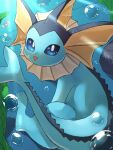  air_bubble blue_eyes bubble commentary_request highres katsukare looking_at_viewer magikarp no_humans open_mouth pokemon pokemon_(creature) rock seaweed sitting sunlight underwater vaporeon whiscash 