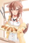  1girl animal_ears braid brown_eyes brown_hair croquette dog_ears dog_girl dog_tail dress holding_tongs hololive indoors inugami_korone jacket long_hair off_shoulder open_mouth ringo_amei smile solo sparkling_eyes standing tail twin_braids virtual_youtuber white_dress 
