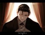  1boy albino_(a1b1n0623) black_hair character_name copyright_name curtains fate/grand_order fate_(series) formal gloves hair_slicked_back highres interlocked_fingers light_smile male_focus one_eye_closed sherlock_holmes_(fate) suit white_gloves 
