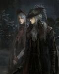  2girls ascot black_coat black_pants bloodborne bonnet boots cape coat double-blade gem gloves hat hat_feather highres holding holding_weapon knee_boots lady_maria_of_the_astral_clocktower long_hair looking_at_viewer multiple_girls pants plain_doll ponytail rakuyo_(bloodborne) sword tricorne weapon zhuoxin_ye 