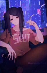  1girl absurdres black_hair black_pantyhose cat cigarette closed_mouth clothes_writing commentary english_commentary highres holding holding_cigarette jill_stingray long_hair pantyhose pink_shirt red_eyes rnna shirt short_sleeves sidelocks smoke solo twintails va-11_hall-a 