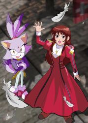  2girls absurdres animal_ears animal_nose ankle_boots blaze_the_cat blush bodysuit boots brown_boots brown_eyes brown_hair cat_ears cat_girl cat_tail coat coattails collar concrete cross crossed_arms dress erica_fontaine eyelashes eyeliner feathers forehead_jewel from_above full_body fur-trimmed_boots fur-trimmed_gloves fur_trim furry furry_female gem gloves gold_necklace hair_tie high_heels highres jewelry juliet_sleeves latin_cross long_eyelashes long_hair long_sleeves looking_at_viewer makeup multicolored_hair multiple_girls necklace open_mouth puffy_sleeves purple_coat purple_fur red_boots red_dress red_gemstone sakura_taisen sakura_taisen_iii shinzankuro sidelocks sonic_(series) sonic_rush tail topknot two-tone_fur two-tone_hair two-tone_tail waving white_bodysuit white_collar white_gloves yellow_eyes 