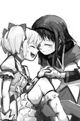  2girls akemi_homura akemi_homura_(magical_girl) black_hair bow choker closed_eyes cropped_arm cropped_legs cuts feet_out_of_frame forehead-to-forehead from_side gloves greyscale hair_bow hair_ribbon heads_together holding_hands injury kaname_madoka kaname_madoka_(magical_girl) long_hair magical_girl mahou_shoujo_madoka_magica monochrome multiple_girls on_ground open_mouth puffy_short_sleeves puffy_sleeves ribbon scrape short_sleeves short_twintails silverxp skirt smile torn_clothes twintails white_gloves yuri 