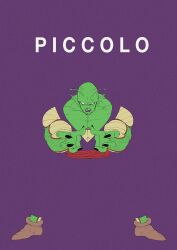  1boy bald blending colored_skin derivative_work dragon_ball dragon_ball_z fewer_digits full_body green_skin highres male_focus no_eyebrows pants piccolo pointy_ears purple_pants purple_shirt red_sash sash shirt solo stktik09060906 