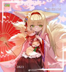  1girl animal animal_on_lap arknights artist_name asamayuki_ra blonde_hair brown_hakama commentary_request dated deformed fake_screenshot fox green_eyes hairband hakama highres holding holding_animal japanese_clothes kimono kitsune kyuubi long_hair multiple_tails oil-paper_umbrella on_lap red_hairband red_umbrella sitting solo suzuran_(arknights) suzuran_(yukibare)_(arknights) tail umbrella viewfinder watermark weibo_watermark wide_sleeves 