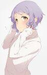  1girl blush border commentary expressionless grey_background hands_up idolmaster idolmaster_million_live! long_sleeves looking_at_viewer makabe_mizuki mochigome_(ununquadium) playing_with_own_hair purple_hair short_hair sidelocks solo sweater translation_request turtleneck turtleneck_sweater upper_body wavy_hair white_border white_sweater yellow_eyes 
