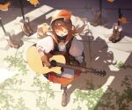  1girl acoustic_guitar boots brown_gloves brown_hair character_name closed_eyes commentary dress english_commentary falcon_(girls&#039;_frontline) from_above full_body girls_frontline gloves guitar head_scarf highres holding holding_instrument instrument long_hair music open_mouth outdoors playing_instrument smile solo suginakara_(user_ehfp8355) 