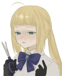  1girl ahoge alternate_hairstyle artoria_caster_(fate) artoria_pendragon_(fate) black_gloves blonde_hair blue_bow blue_bowtie blunt_bangs bow bowtie collared_shirt failure fate/grand_order fate_(series) gloves green_eyes highres holding holding_scissors portrait rurubusandayo scissors shirt sidelocks simple_background solo sweat twintails white_background 