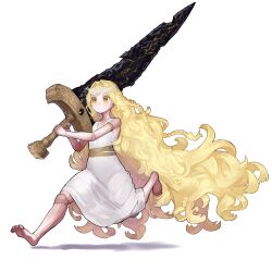  1girl absurdly_long_hair absurdres barefoot blonde_hair closed_mouth doll_joints dress ekrea_jan elden_ring elden_ring:_shadow_of_the_erdtree elden_ring_nightreign highres holding joints long_hair looking_to_the_side miquella_(elden_ring) revenant_(elden_ring) running simple_background solo sword very_long_hair weapon white_background 