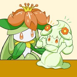  2girls alcremie alcremie_(flower_sweet) alcremie_(matcha_cream) arms_up closed_mouth colored_sclera colored_skin commentary_request crown flower full_body green_skin hair_flower hair_ornament hand_to_own_mouth hand_up highres lilligant long_hair looking_at_another looking_up mini_crown monster_girl monya multicolored_hair multiple_girls no_mouth notice_lines orange_background orange_eyes orange_sclera outstretched_arms partial_commentary plant_girl pokemon pokemon_(creature) red_flower sidelocks standing streaked_hair white_eyes white_skin yellow_crown 
