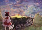  1girl absurdres animal bare_shoulders bird black_hair bow clouds cloudy_sky detached_sleeves frilled_skirt frills from_behind gohei hair_bow hakurei_reimu highres holding japanese_clothes mesuosushi_psd nontraditional_miko red_bow red_skirt ribbon-trimmed_sleeves ribbon_trim scenery short_hair sidelocks skirt sky solo touhou tree white_sleeves wide_sleeves 