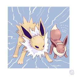  animal_focus closed_eyes commentary_request eevee electricity full_body highres jolteon moshi2hitomoshi no_humans pokemon pokemon_(creature) pokemon_focus signature standing 