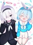  2girls :d ^_^ a.r.o.n.a_(blue_archive) absurdres arona_(blue_archive) black_hairband black_jacket black_sailor_collar black_serafuku black_shirt black_skirt blue_archive blue_hair blue_shirt blush bow braid closed_eyes commentary_request facing_viewer grey_eyes grey_hair hair_over_one_eye hair_over_shoulder hair_ribbon hairband halo highres jacket jiu_(sdesd3205) long_hair long_sleeves looking_at_viewer multicolored_hair multiple_girls neckerchief open_clothes open_jacket pink_hair pleated_skirt puffy_long_sleeves puffy_sleeves ribbon sailor_collar school_uniform serafuku shirt shoes simple_background single_braid sitting skirt smile two-tone_hair v very_long_hair wariza white_background white_bow white_footwear white_hairband white_neckerchief white_ribbon white_sailor_collar white_skirt 