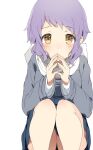  1girl blue_sky blush commentary dot_nose grey_jacket hands_up idolmaster idolmaster_million_live! jacket legs long_sleeves looking_at_viewer makabe_mizuki mochigome_(ununquadium) own_hands_together purple_hair scarf short_hair sidelocks sky solo squatting thighs wavy_hair white_background white_scarf yellow_eyes 